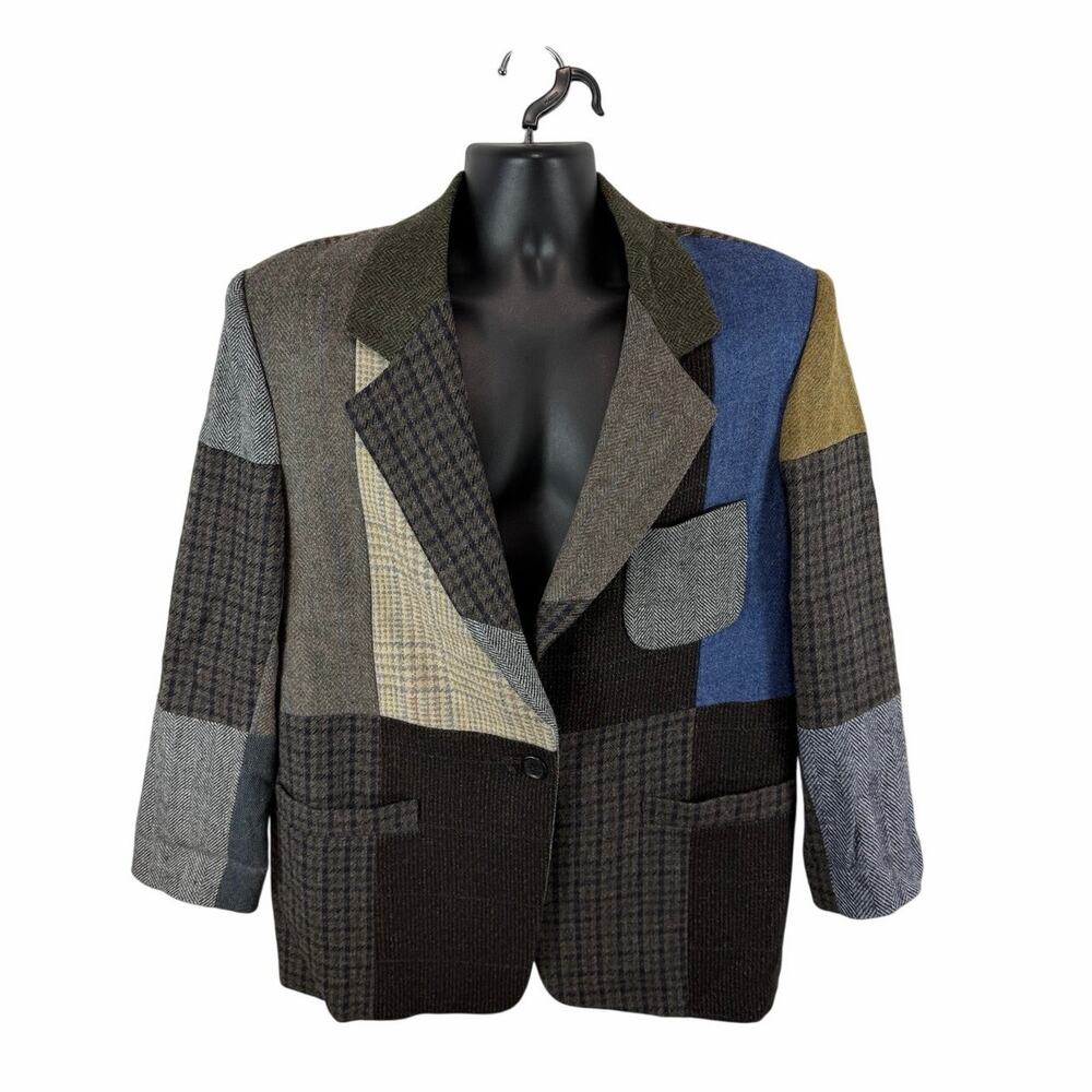 Vintage Retro Patchwork Wool Blazer Size 13/14 Womens Houndstooth Herringbone